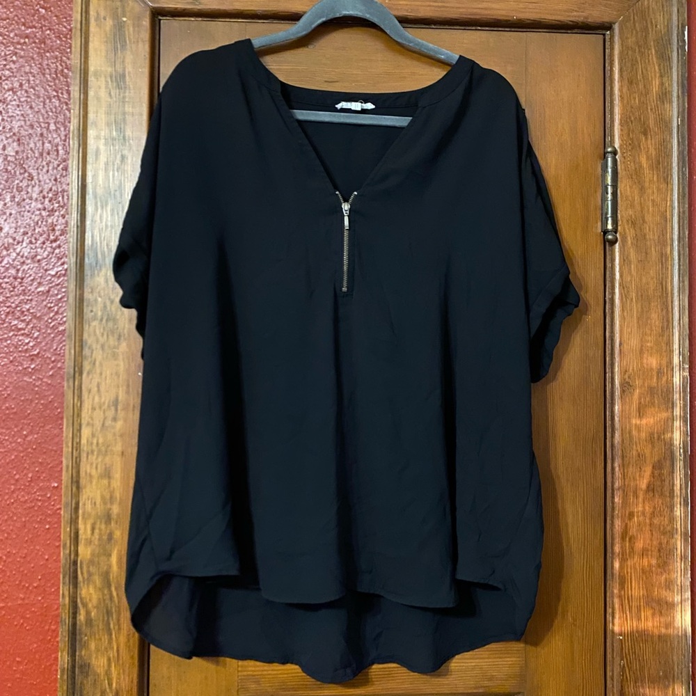 Black Zipper V-Neck Women's Top
